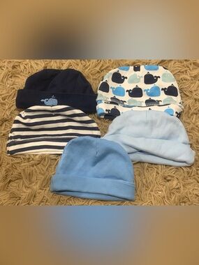 Baby Boys' Blue Whale and Solid Knit Beanie Hat Set - 5 Pack